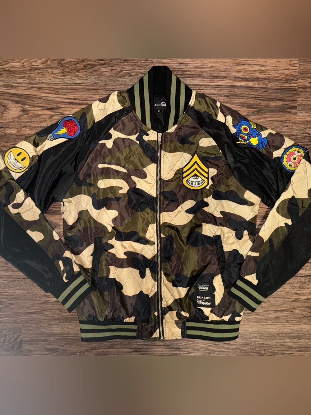 Reason Popaganda Camo Smiley Patch Bomber Jacket Size Medium